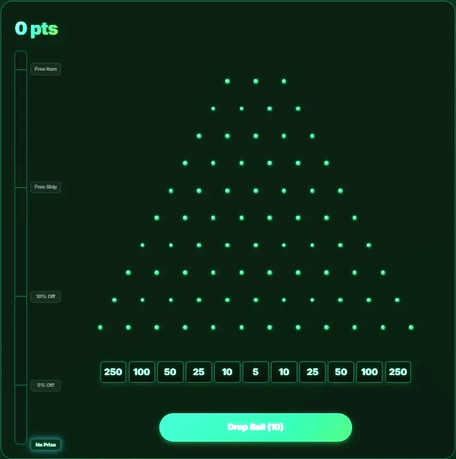 The Lucky You Plinko board — drop a ball, land a reward