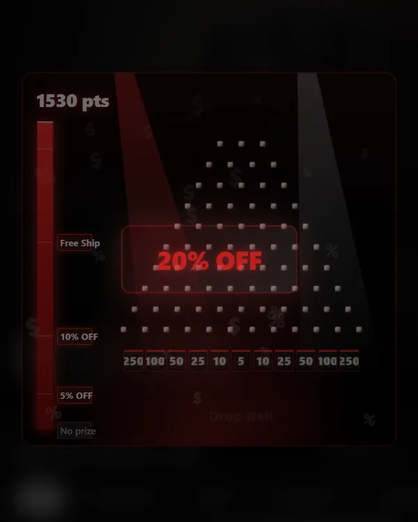 A red Black Friday Plinko board at 1530 points with “20% OFF” lit up across the pegs.