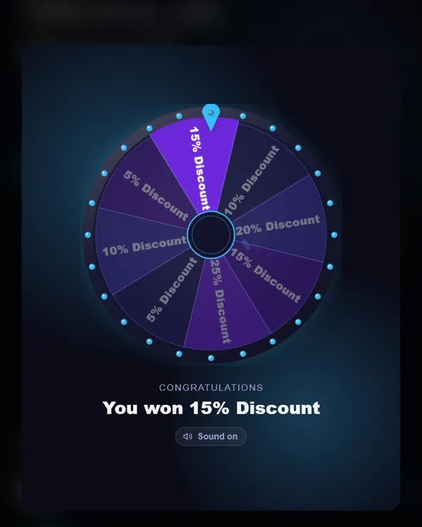 A purple spin wheel that has landed on 15% Discount, with “You won 15% Discount” underneath.