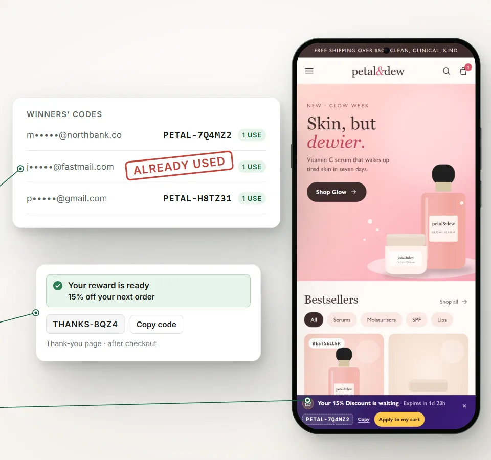A list of one-time discount codes with one stamped “Already used”, a thank-you reward card with its code, and a phone whose store page shows a coupon reminder bar with a countdown.